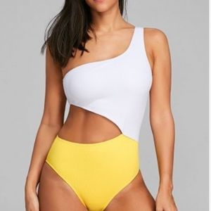 ZAFUL yellow white asymmetrical cutout swimsuit M